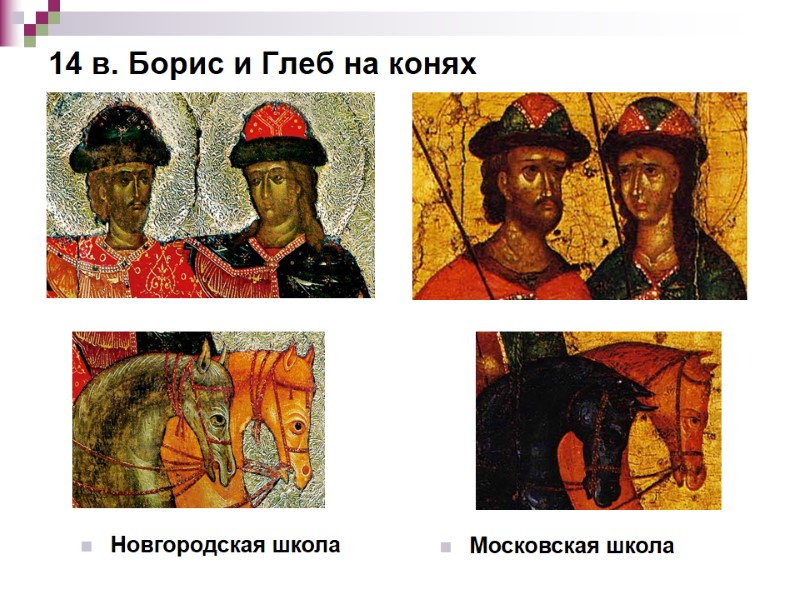 14 в. Борис и Глеб на конях Новгородская школа Московская школа 14 в. Борис и Глеб на конях Новгородская школа Московская школа